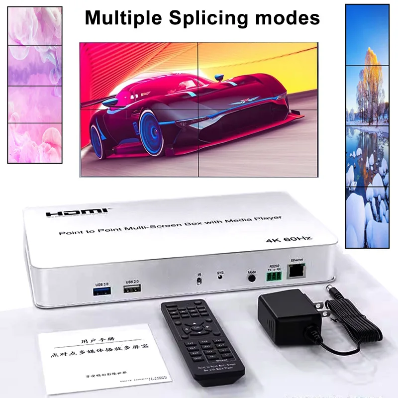 Controlador de pared de vídeo HDMI 4K 60hz 1x2 1x3 1x4 2x2 punto a punto caja multipantalla con reproductor multimedia TV empalme procesador empalmador