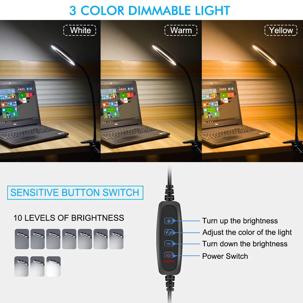 Lupa 5X con luz y abrazadera de mesa 3 modos de color Lámpara de escritorio LED regulable continua Lupa iluminada para trabajos cercanos - imagen 3