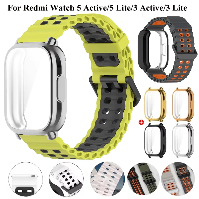 Correa marina de dos colores + funda de TPU para Redmi Watch 5 Active/5 Lite Ocean Band cubierta completa para pulsera Redmi Watch 3 Active/3 Lite