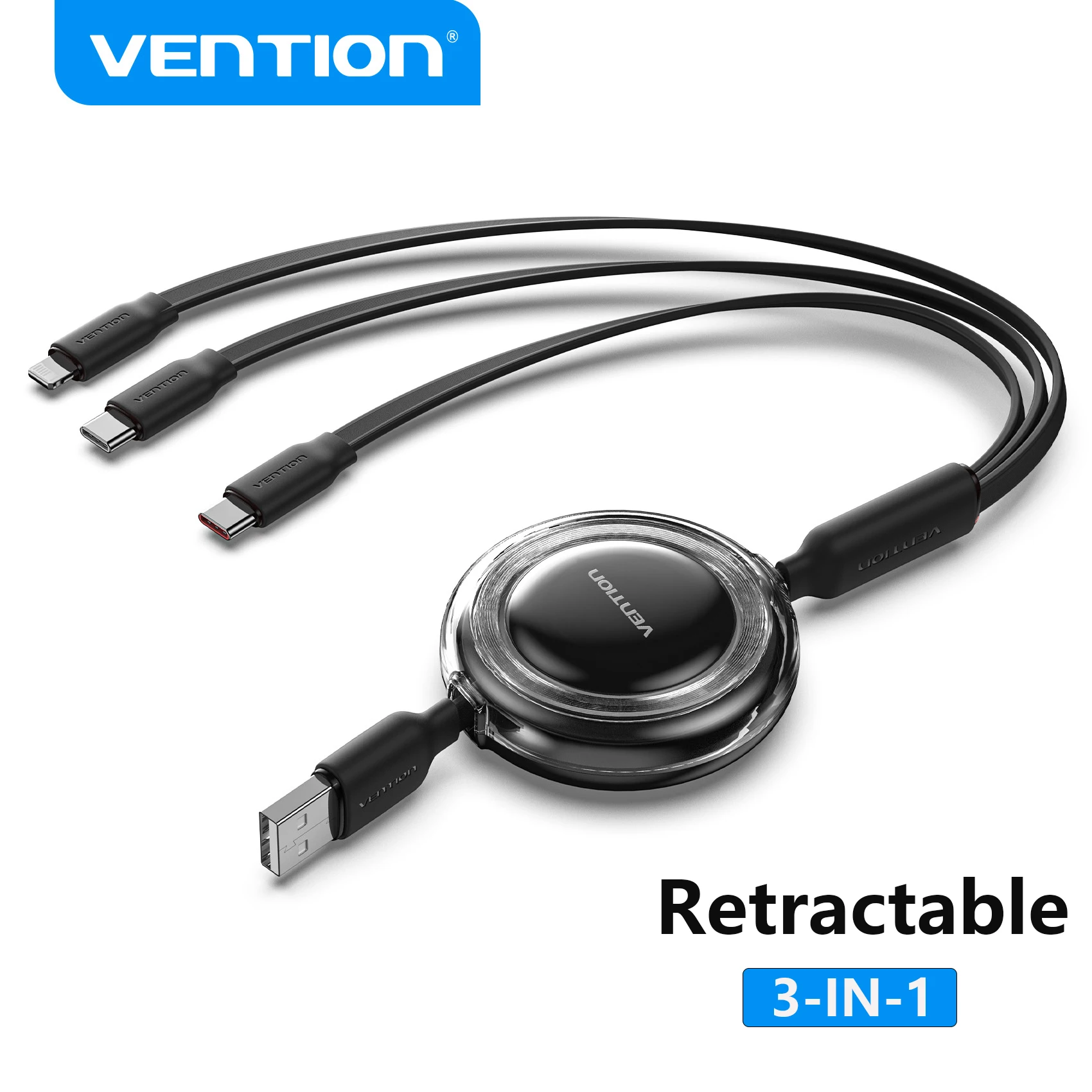 Vention 3 en 1 Cable retráctil tipo C USB Cable de carga rápida de datos de teléfono adecuado para iPhone 17 16 15 14 Samsung Huawei Xiaomi