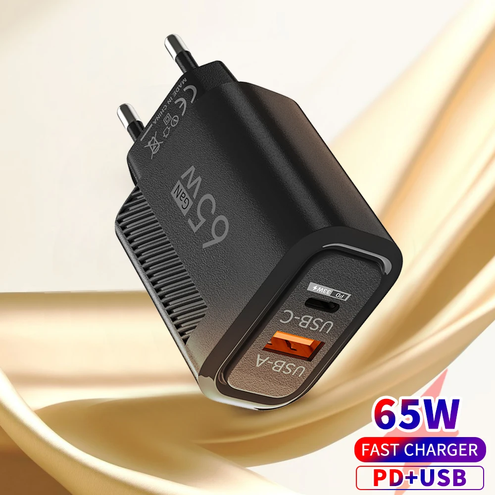 Cargador USB C de 65W, cargador GaN de carga rápida 3,0 tipo C, adaptador de teléfono para iPhone, Samsung, Xiaomi, Huawei, cargador de pared rápido de 2 puertos