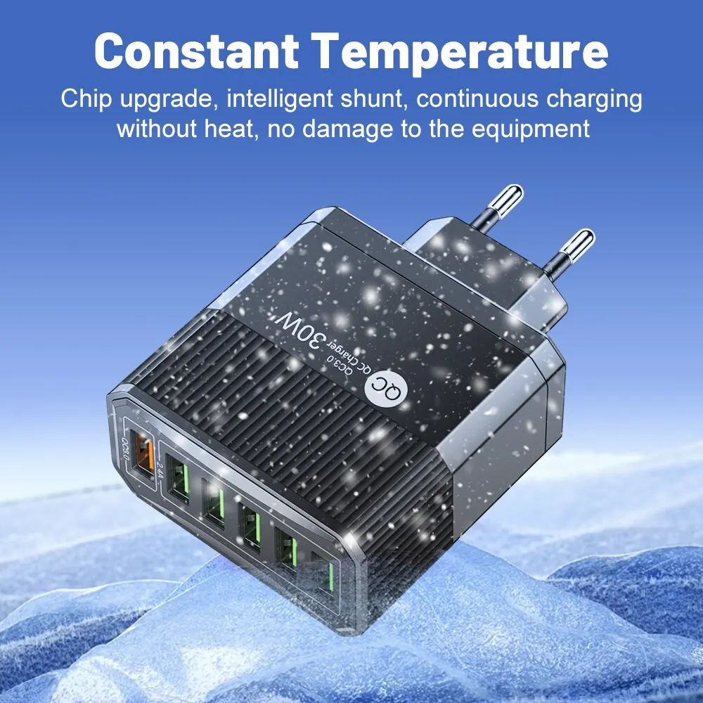 Cargador USB de carga rápida para teléfono, adaptador de viaje QC3.0 de 30W, 6 puertos, para iPhone, Xiaomi, Samsung, enchufe EU/KR - imagen 2