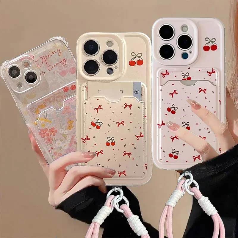 Lichi de cereza con lazo rosa y muñequera, funda con tarjetero para Samsung Galaxy S25 Ultra S24 S23 S22 Plus S24 Fe A55 A5