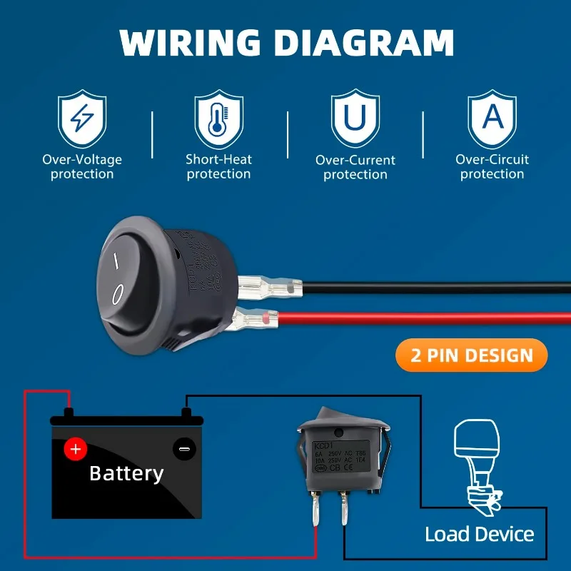 20 piezas interruptor basculante redondo AC 6A/250V 8A/125V 2 SPST encendido/apagado 2 pines 2 posiciones interruptor de palanca de encendido/apagado con Terminal de engarzado de cabeza de 4,8mm - imagen 4