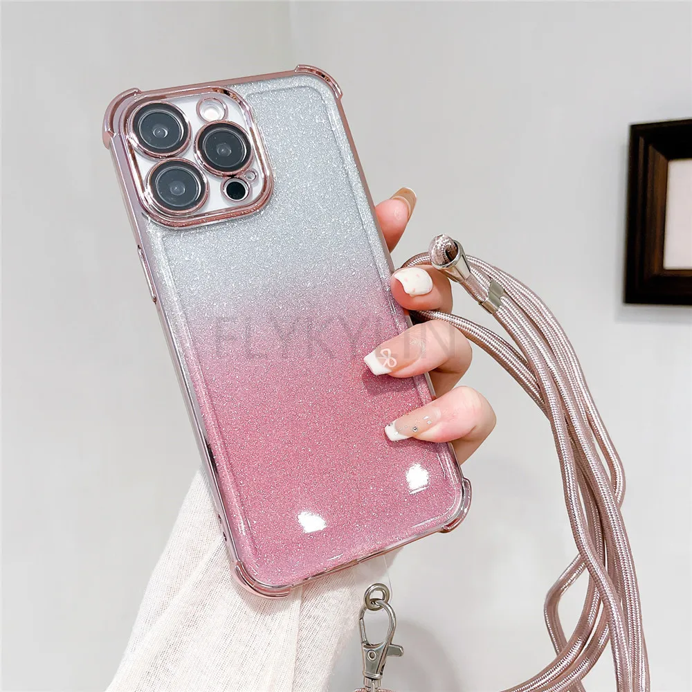 Funda de teléfono chapada con purpurina a prueba de golpes para OPPO, A16S, A53S, A54S, A17, A9, 2020, Reno 11 Pro, 11F, 12F, collar cruzado, funda con cordón - imagen 4