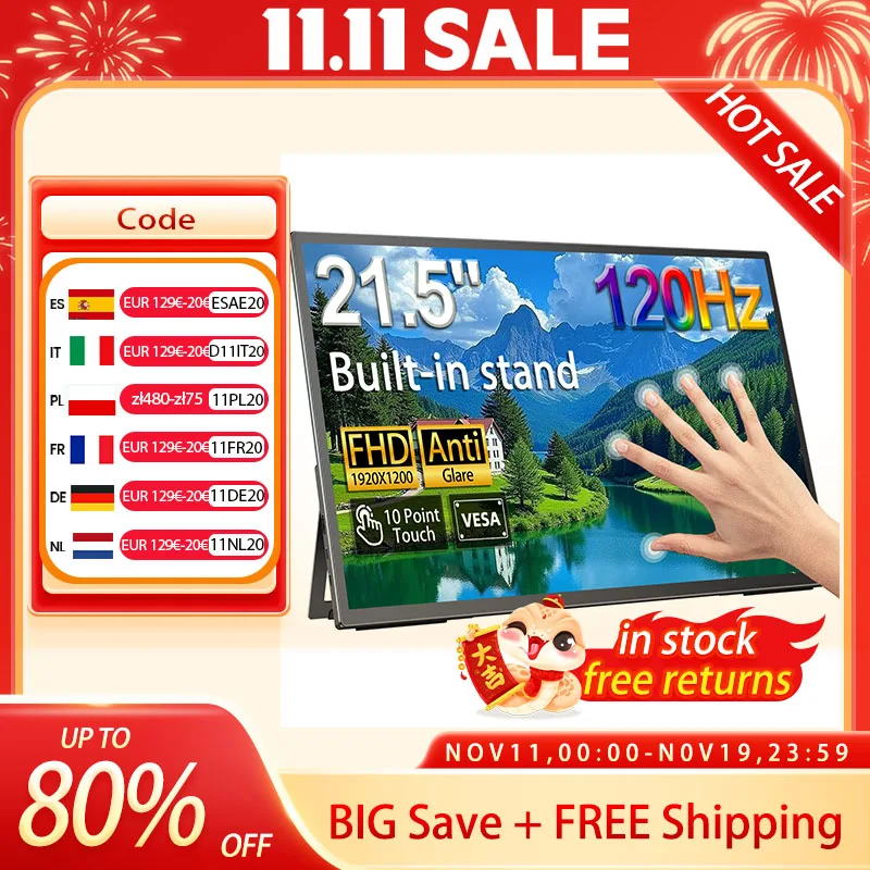 UPERFECT 21 pulgadas monitor táctil portátil 120HZ pantalla de juegos grande con FHD 1080P FreeSync HDMI tipo C pantalla externa ultra delgada para portátil Mac PC superficie PS5 Xbox con altavoces dobles VESA soporte - imagen 2