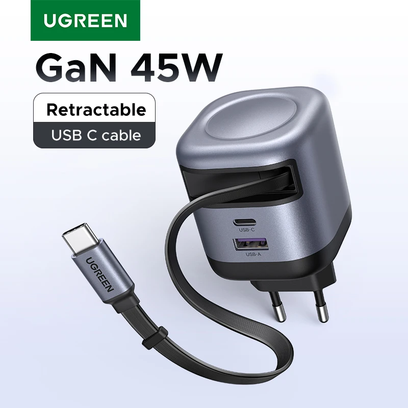 UGREEN 45W GaN Cable retráctil cargador UFCS PPS QC para iPhone 16 15Pro Samsung S25 iPad Macbook Air Tablet PD 3,0 cargador rápido