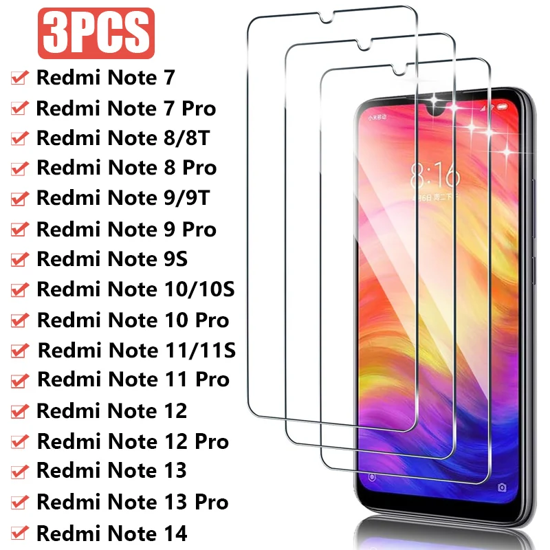 3 uds vidrio templado para Xiaomi Redmi Note 7 8 9 10 11 Pro 8T 9S 10S 11S 12S Protector de pantalla Redmi Note 14 13 12 Pro 5G vidrio