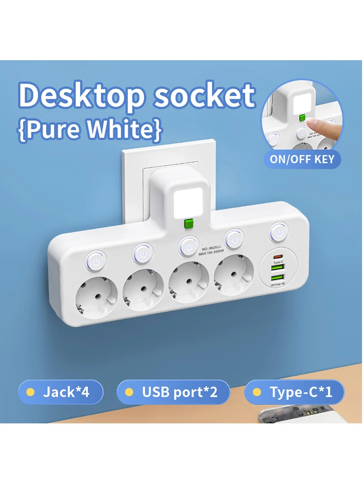 Enchufe y enchufe UE 4 enchufes, enchufe y enchufe de pared con enchufe múltiple sin cable de extensión o puerto USB y tipo C - imagen 3