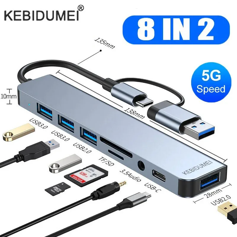 Estación de acoplamiento Hub USB 3,0, 5Gbps, USB tipo C, divisor de alta velocidad, adaptador multipuerto, lector de tarjetas para ordenador portátil, Macbook, accesorios para PC