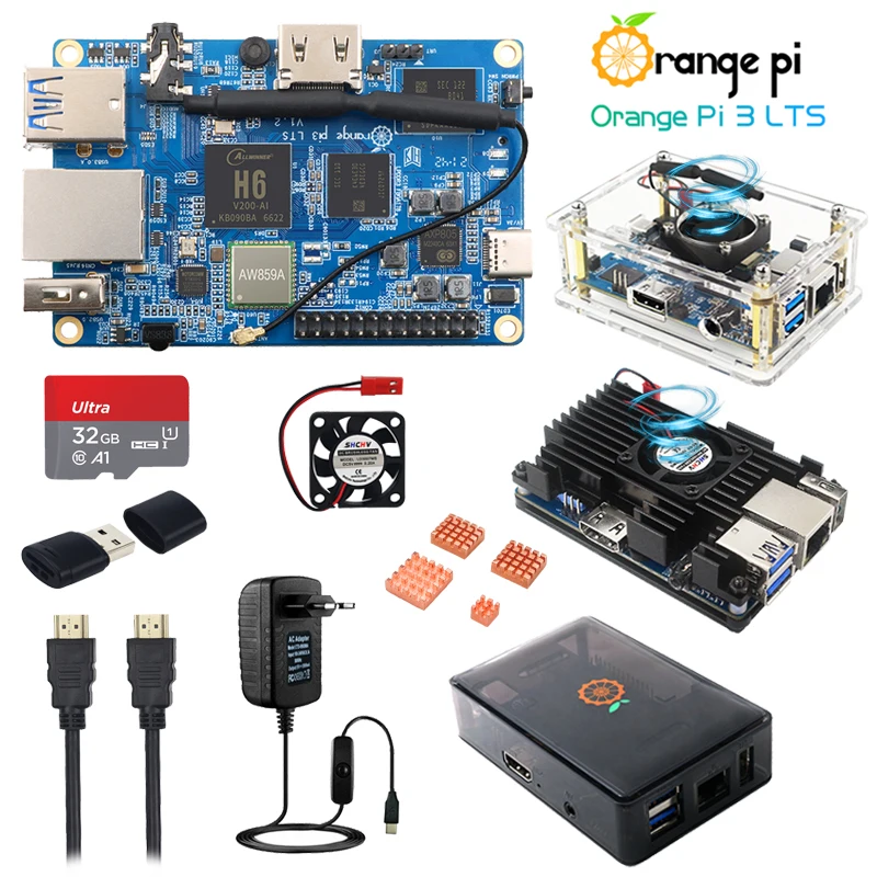 Orange Pi 3 LTS H6 64Bit 8GB EMMC 2G RAM WiFi BT 5,0 caja opcional ventilador disipador de calor Cable compatible con HDMI tarjeta TF OPI 3LTS