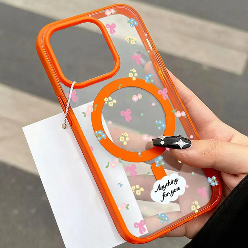 Funda de teléfono suave Circular magnética integrada transparente con lazo de flores rotas para iPhone 17 11 13 12 15 14 16 Pro Max Plus Air Cover
