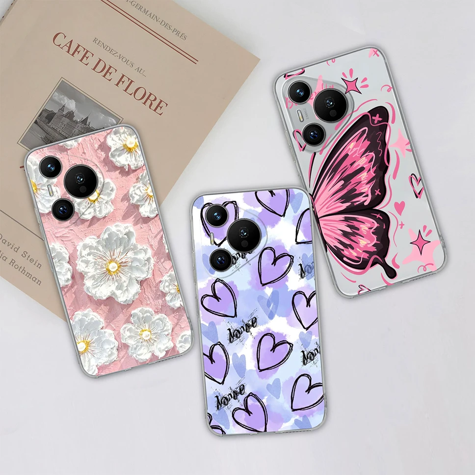 Funda de teléfono para Huawei Pura 70 Pro 70, Ultra bonita, flores, corazón de amor, transparente, suave, TPU, silicona, a prueba de golpes, Fundas traseras