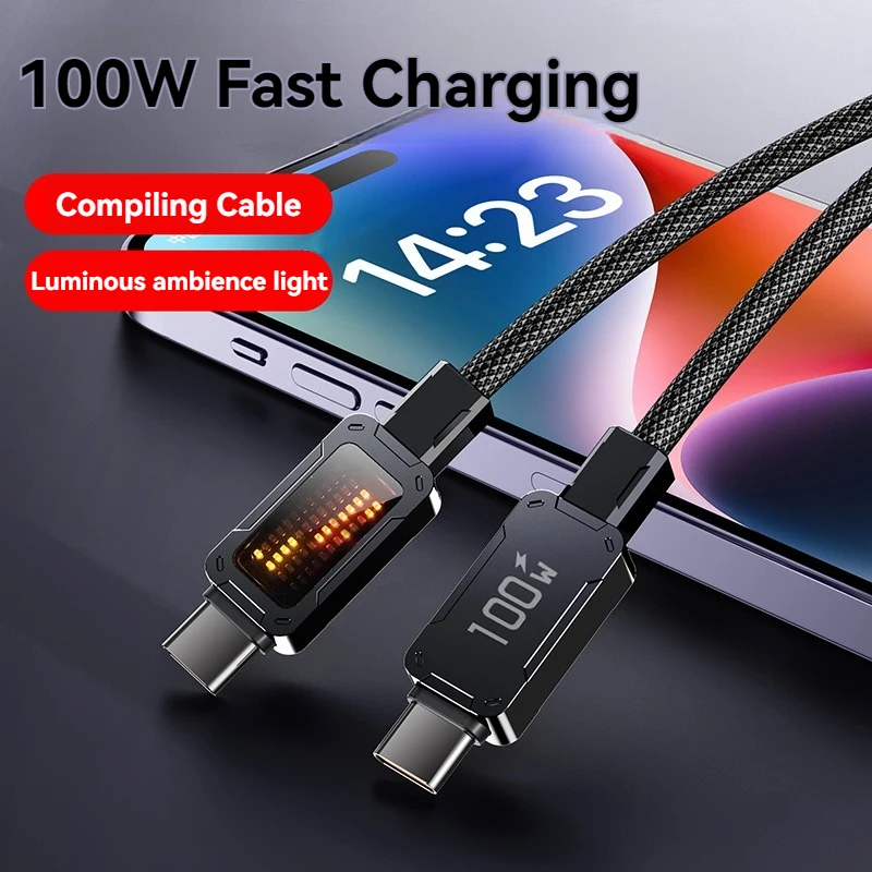 Nuevo Cable de carga rápida tipo C a C con pantalla Digital LED de 100W para Samsung Xiaomi Redmi Huawei Cable de datos de carga rápida USB C