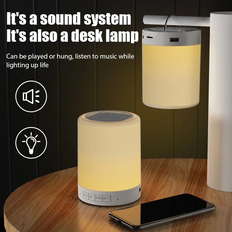 Altavoz portátil inalámbrico con Bluetooth, Minireproductor táctil con luz LED colorida, lámpara de mesa de noche, soporte de altavoz, Radio FM, TF