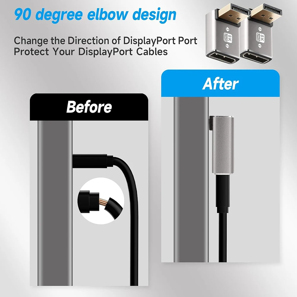 Adaptador DisplayPort1.4 de 90 grados compatible con 8K @ 60Hz 4K @ 144Hz HDR Video aleación Shell DP Cable extensor para Monitor de computadora de escritorio - imagen 3