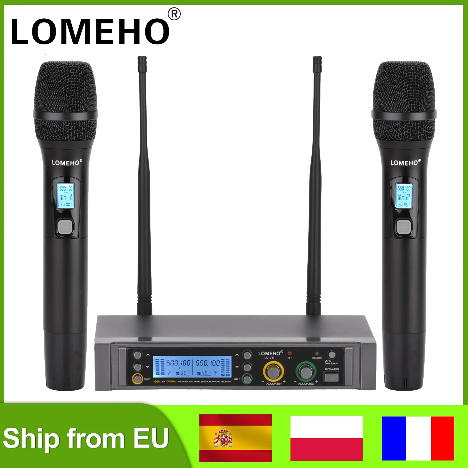 Lomeho UHF karaoke micrófono inalámbrico 2 canales escenario profesional de mano ajustable frecuencia de micrófono dinámico Iglesia Mostrar 500+MHz Botón de silencio Rendimiento LO-U11