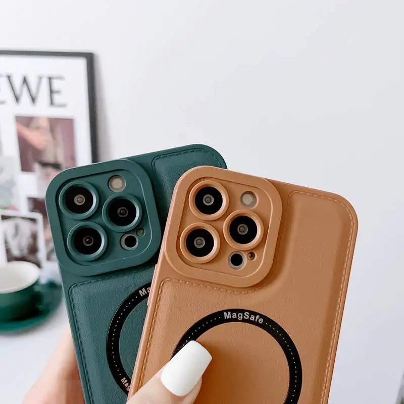 Funda de teléfono con carga inalámbrica Magsafe magnética de lujo para iPhone 13, 12, 11, 14, 15 Pro Max 15 Plus, funda de silicona de cuero a prueba de golpes - imagen 3