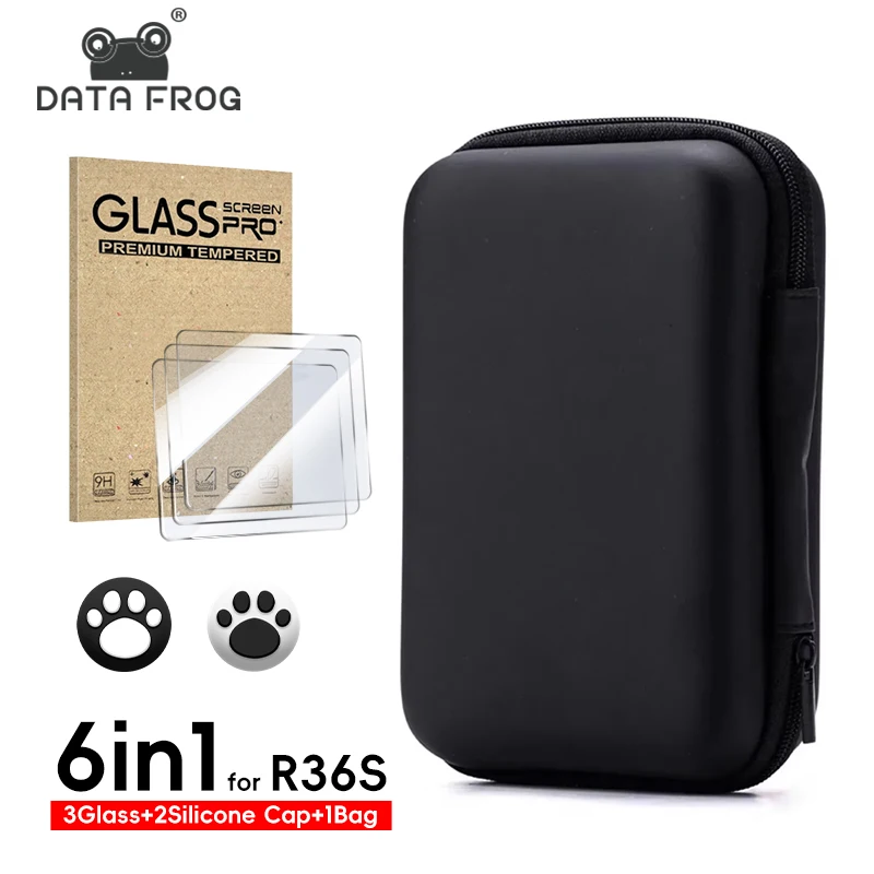 DATA FROG 6 en 1 vidrio + bolsa para consola de juegos R36S, bolsa de almacenamiento y protectores de pantalla, película de vidrio templado para accesorios de juegos