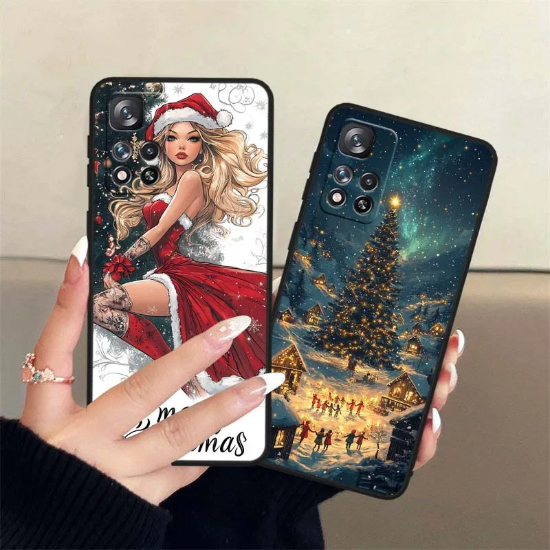 Patrón de Navidad para niñas para Xiaomi Redmi Note 11T 11 11S 11SE 10 10T 10S 9 9T 8T 8 Lite Pro Plus Max funda de teléfono negra - imagen 2