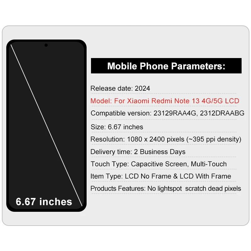 100% probado 6,67 "AMOLED para Redmi Note 13 5G Note 13 4G pantalla 2312DRAABG pantalla táctil digitalizador piezas de montaje 23129RAA4G - imagen 2