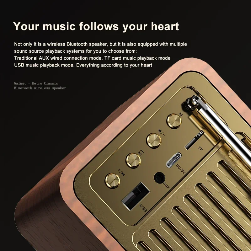 Altavoces Bluetooth inalámbricos de madera, caja de sonido Retro clásica con Radio FM, Subwoofer Supergraves, compatible con tarjeta TF, disco U, reproducción auxiliar - imagen 2