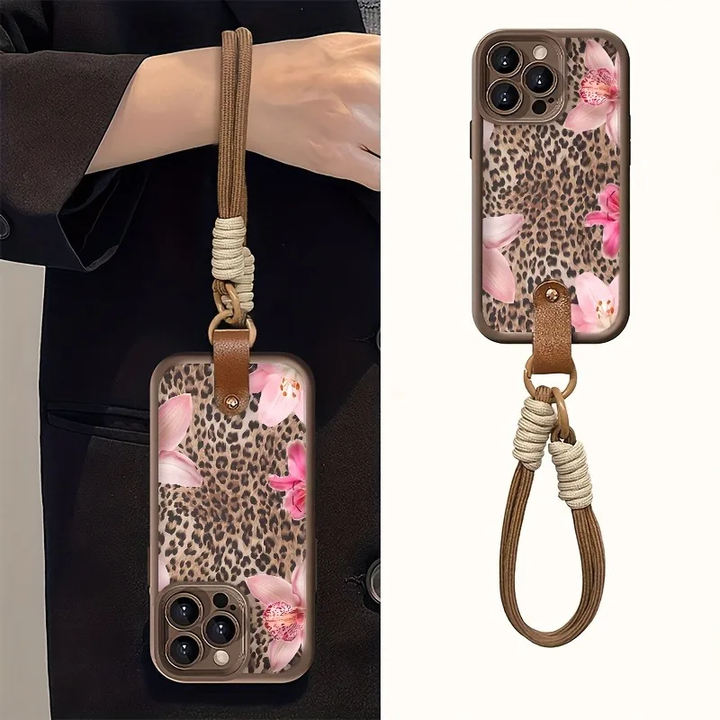 Funda de teléfono con correa de escritura Floral rosa con estampado de leopardo para iPhone 17 Pro Max 16 15 14 13 12 11 16E XS X XR 7 8 Plus cubierta a prueba de golpes - imagen 3