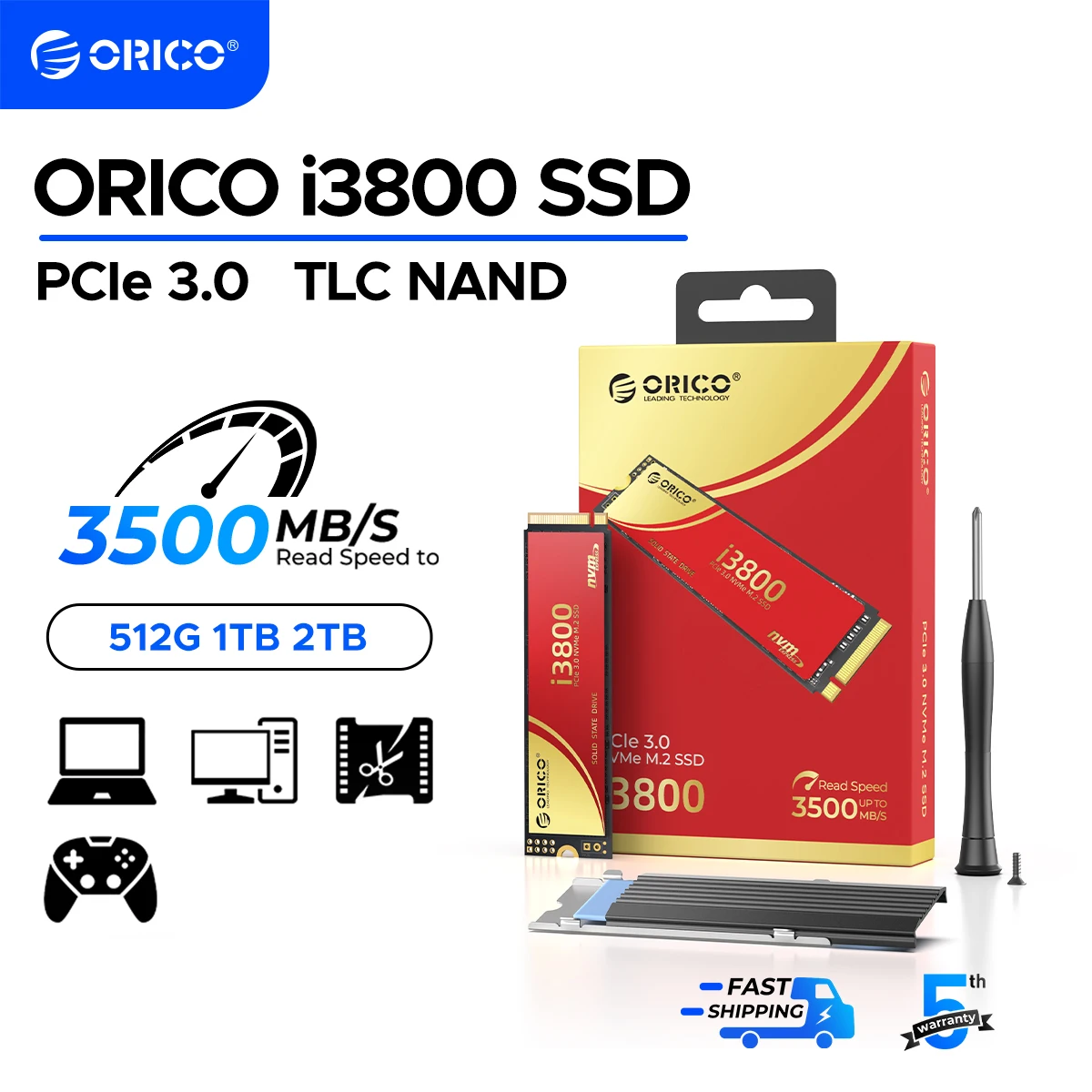 ORICO NVMe SSD 1TB hasta 3600 MB/s PCIe Gen3x4 2280 Unidad de estado sólido interna SLC Cache 3D NAND para computadoras portátiles y PC de sobremesa