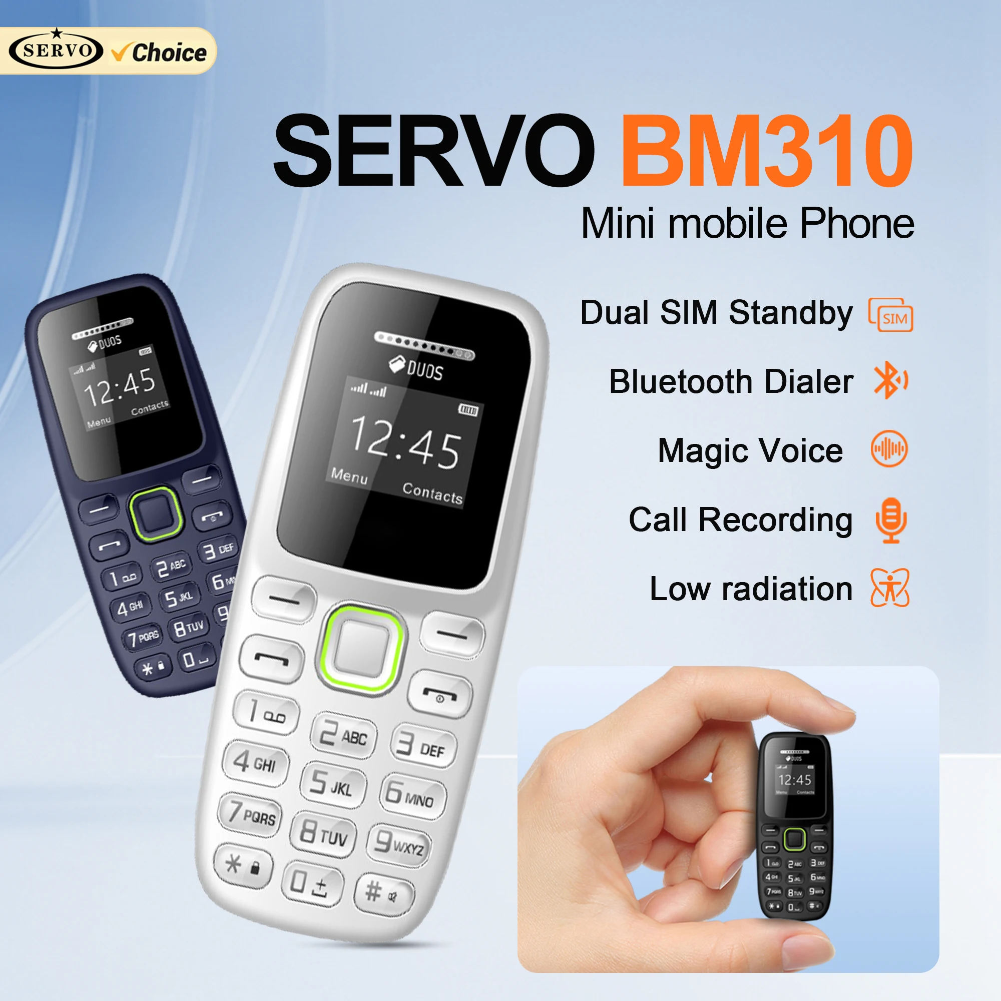 SERVO BM310 Mini teléfono móvil 2G GSM grabación de llamadas Bluetooth Dial lista negra reproductor de MP3 respaldo pequeños teléfonos móviles Dual SIM en espera