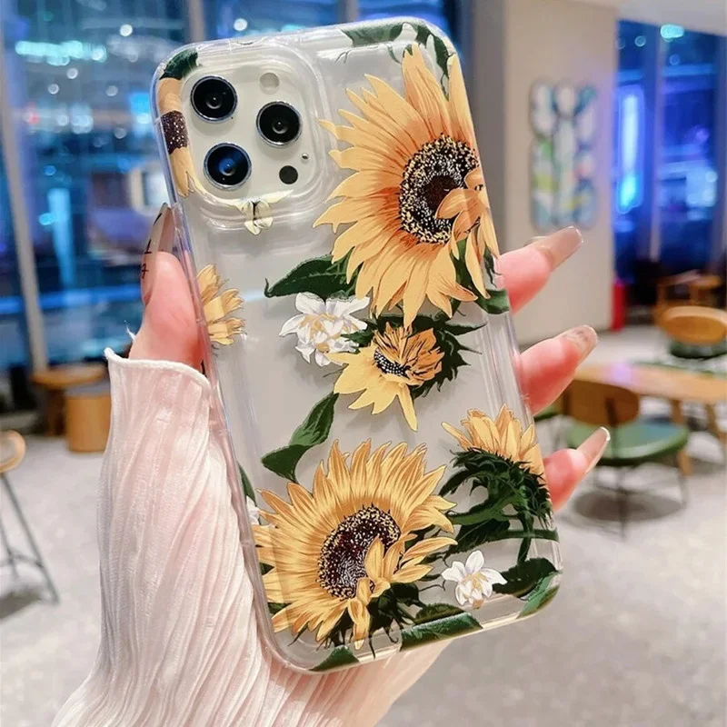 Funda de teléfono transparente pintada con flores y girasoles para iPhone 14 11 15 Pro Max 12 13 XR X XS SE 2022 7 8 Plus, funda de Airbag - imagen 2