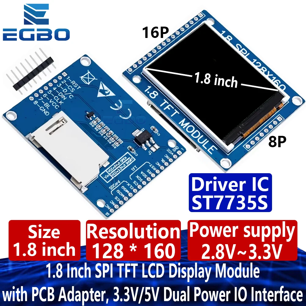 Módulo de pantalla LCD SPI TFT de 1,8 pulgadas 128x160 con adaptador PCB, interfaz IO de doble potencia de 3,3 V/5 V para Arduino