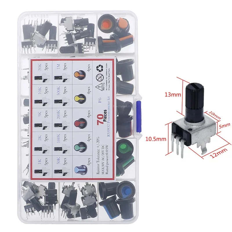70 Uds 10 valores 3 pines con perillas B1K-B1M RV09 Kit surtido de potenciómetro giratorio de sello ajustable Vertical - imagen 4