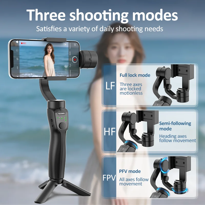 QAML F8 2025 cardán para teléfono de 3 ejes, antivibración, control remoto inalámbrico, carga USB-C, compatible con iPhone/Xiaomi/cámaras de acción, negro compacto. - imagen 5