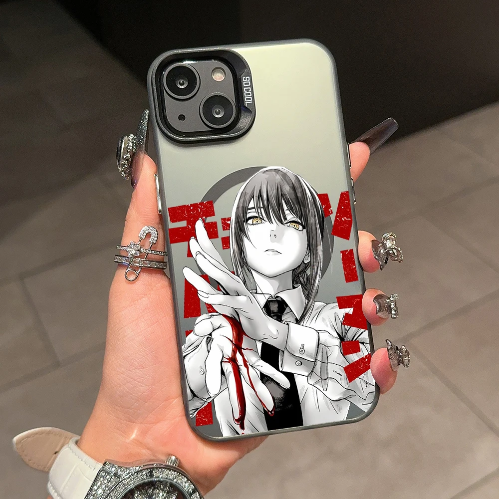 Motosierra hombre Denji Magsafe funda de teléfono magnética para IPhone 11 12 13 14 15 Pro Max Plus lente borde creativo cubierta chapada en plata - imagen 3