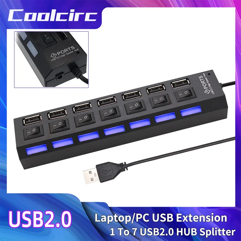 Coolcirc-Hub USB 2,0 de 7 puertos de alta velocidad con interruptor LED y adaptador de corriente, expansor multidivisor para PC/portátil, accesorios para ordenador