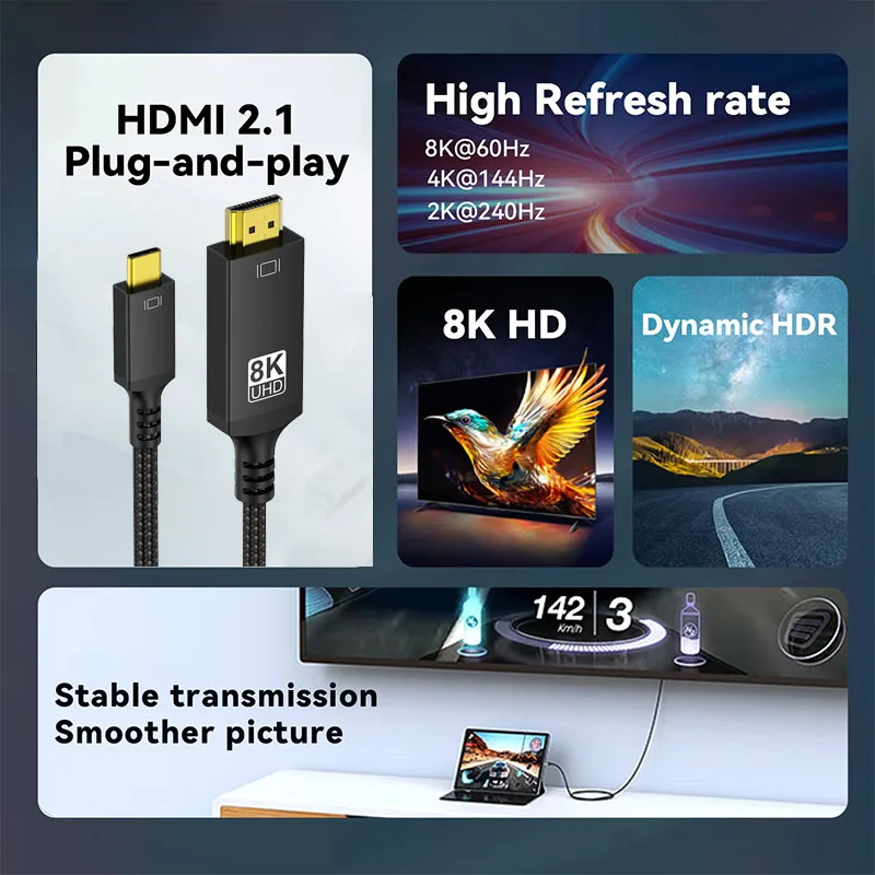 Cable USB tipo C a HDMI, convertidor de TV Compatible con HDTV, MacBook Air, iPad, USB-C, adaptador HDMI, 8K @ 60Hz, 4K @ 120Hz - imagen 3