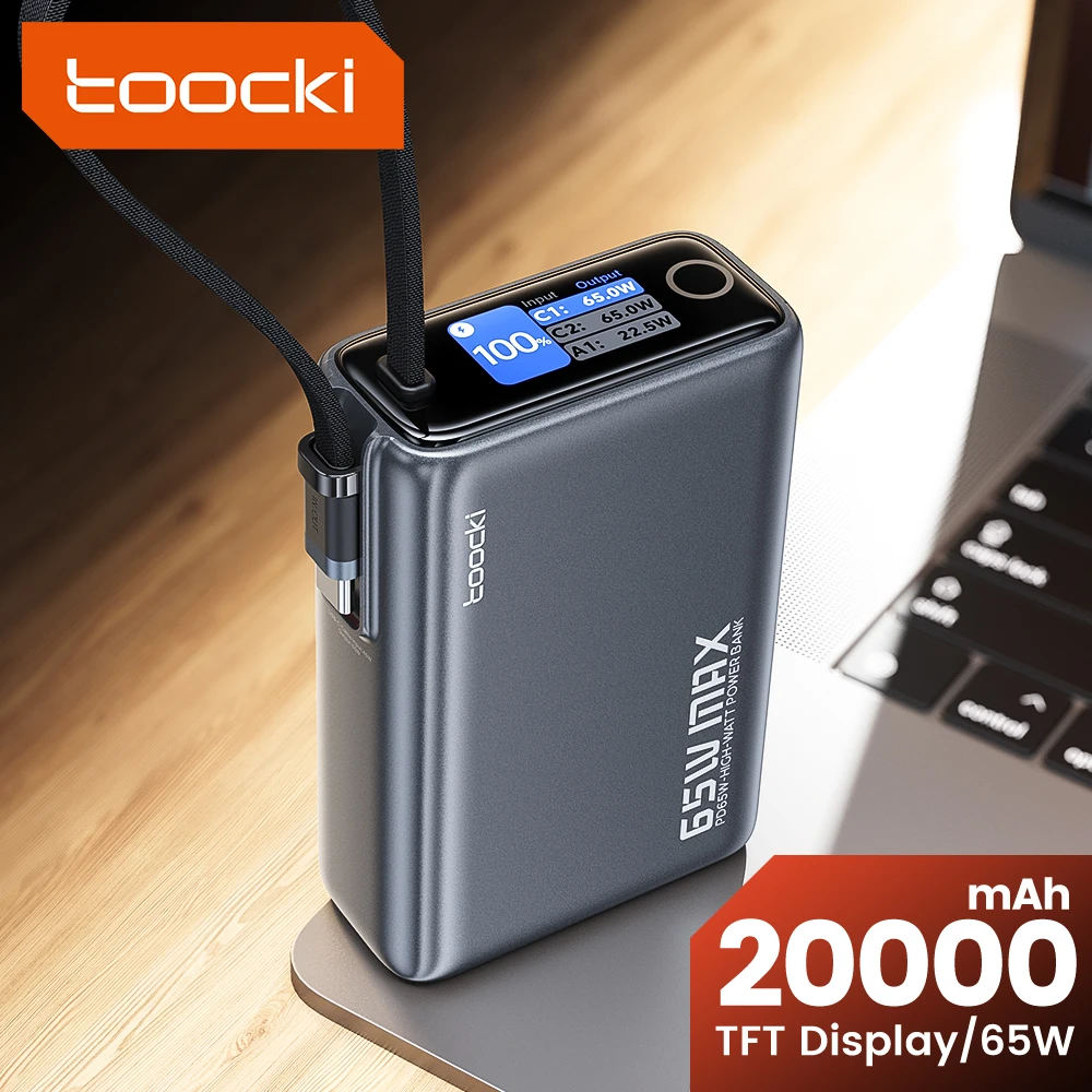Toocki portátil Powerbank 65W 20000mAh PD3.0 Digital visualizado carga rápida banco de energía para ordenador portátil iPhone 17 16 batería externa