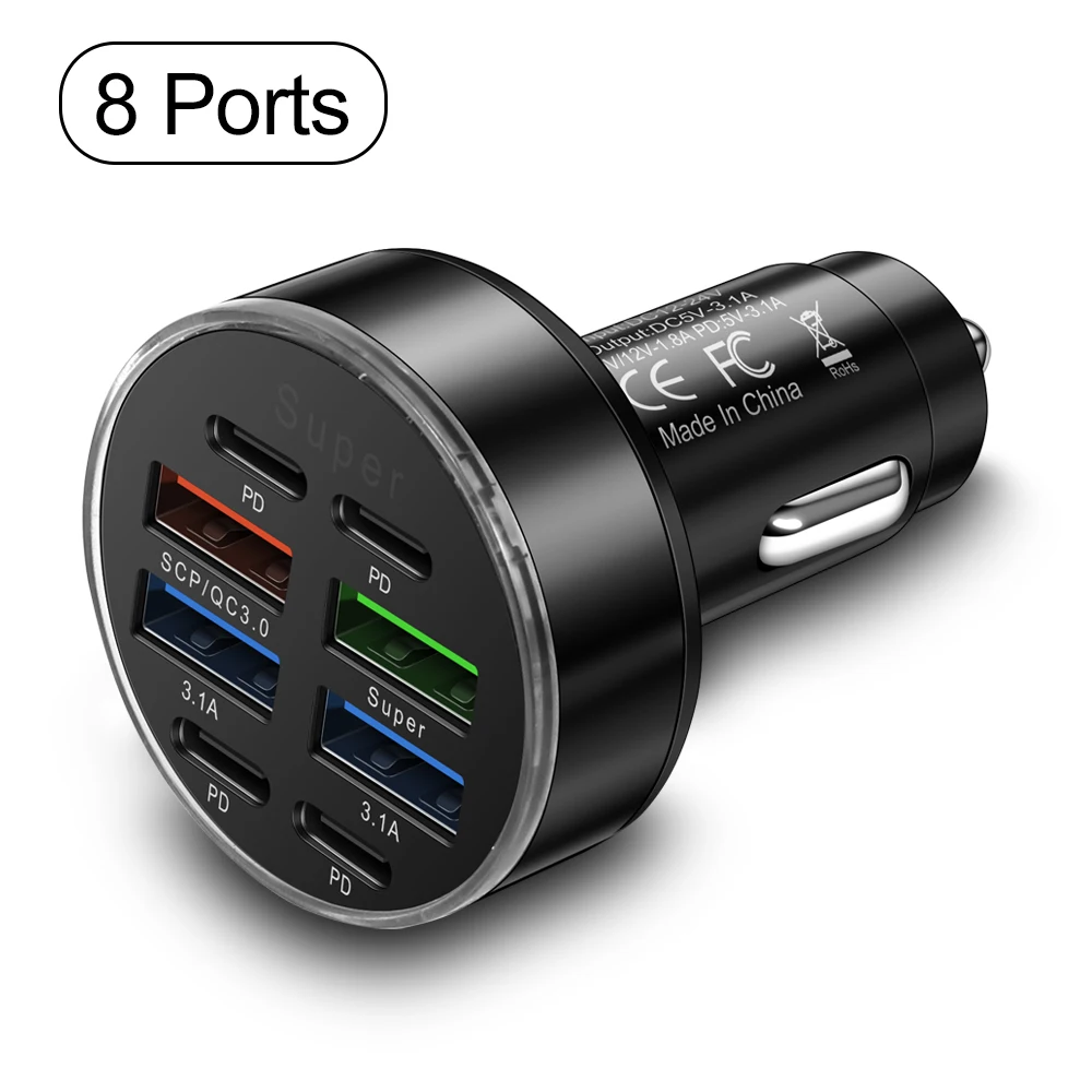 Cargador de coche de 100W y 6/8 puertos, carga rápida PD QC3.0 USB C, adaptador tipo C para teléfono de coche, para iPhone, Samsung, Huawei, Xiaomi - imagen 3