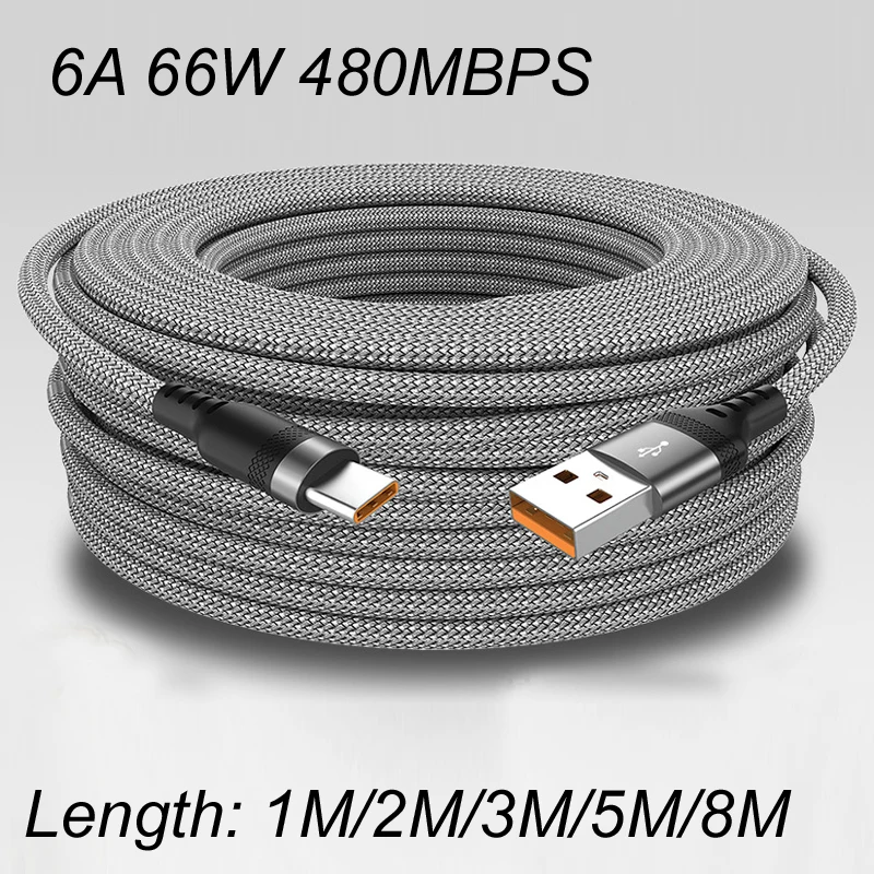 Cargador de datos de carga súper rápida, Cable extendido para 15 cámaras de monitor de teléfono móvil, 0,25/1/2/3/5 m/8mUSB, nailon tipo C 6A, 480MBPS