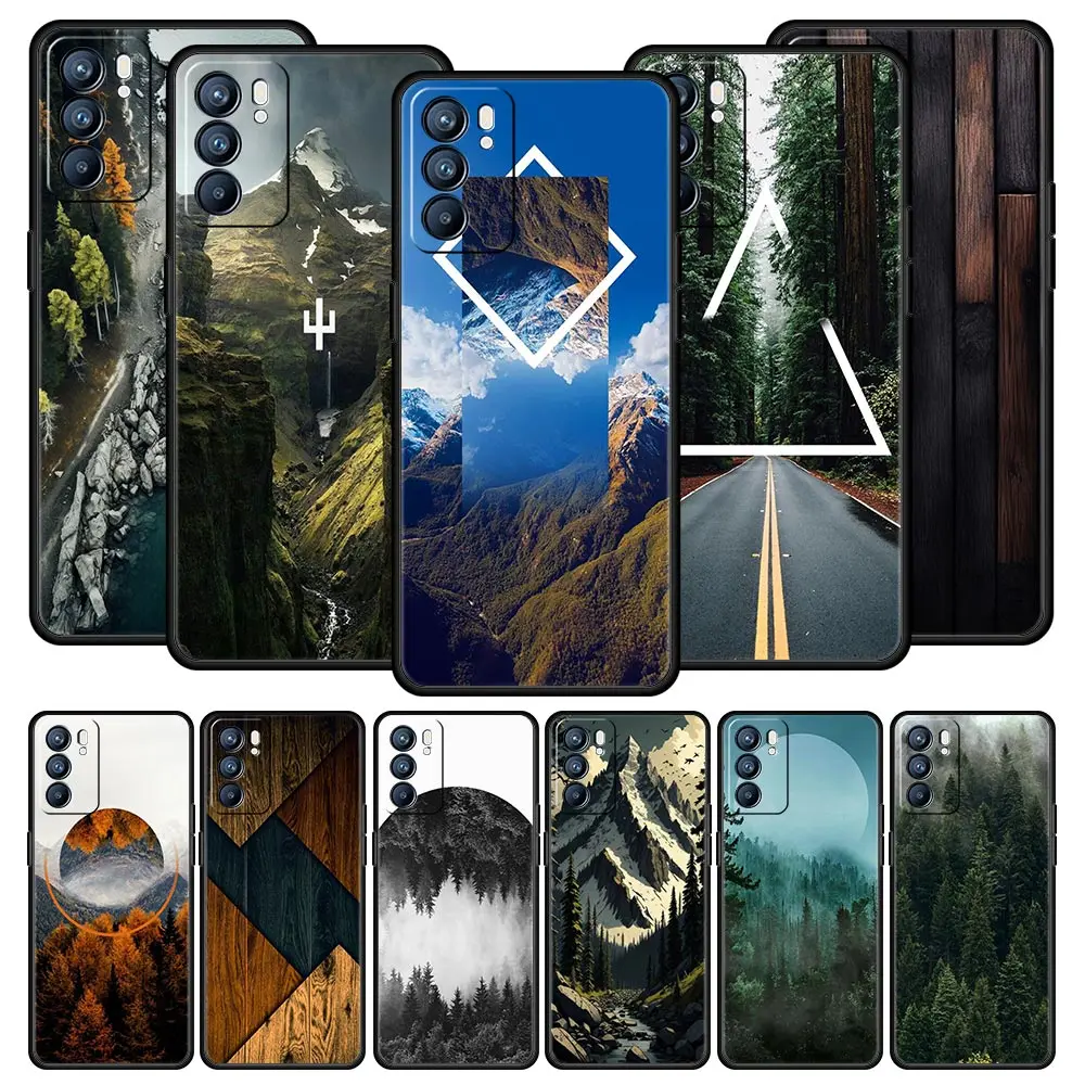 Funda de teléfono de madera geométrica de bosque para Oppo Reno8 Reno7 Reno6 Pro A54 5G Find X6 X5 A53 A52 A9 A15 A95 A17 A16 A76 A57 A31
