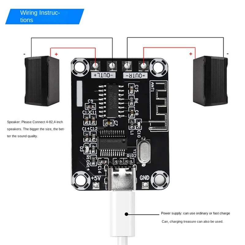Placa amplificadora Digital Bluetooth PAM8403, Mini carcasa DC5V, módulo de placa amplificadora USB de 5W alimentado por TYPE-C - imagen 5