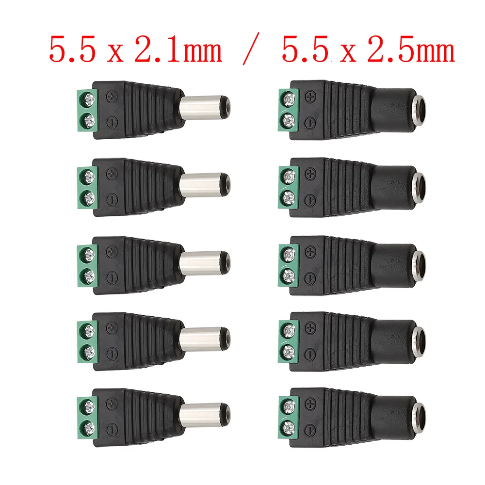 10 Uds DC 12V 5,5x2,1mm/5,5x2,5mm conector macho hembra Terminal de tornillo sin soldadura enchufe de alimentación CC para cámara CCTV con luz LED