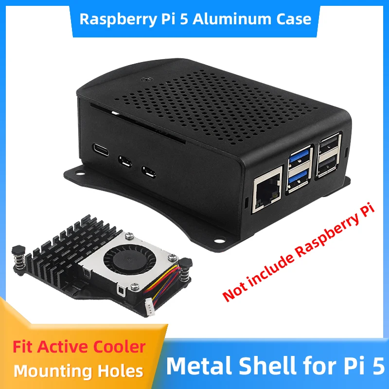 Carcasa de aleación de aluminio para Raspberry Pi 5, carcasa de Metal negro con orificios de montaje, Compatible con enfriador activo para RPI 5 Pi5