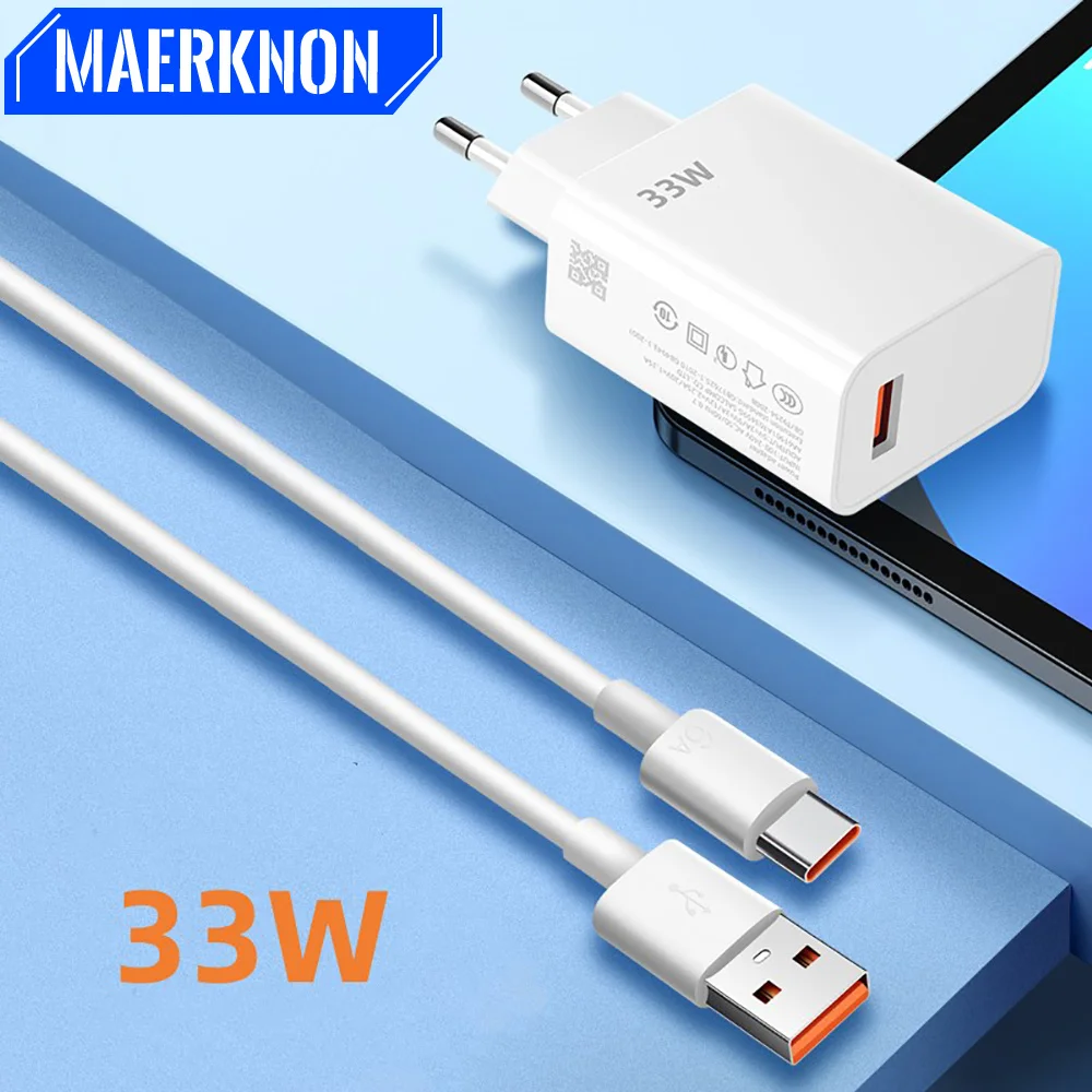 Cargador USB de 33W, cargador de pared con enchufe europeo/estadounidense de carga rápida, Cable tipo C 6A para Xiaomi 14 13 Redmi K30 K40, adaptador de teléfono de carga rápida