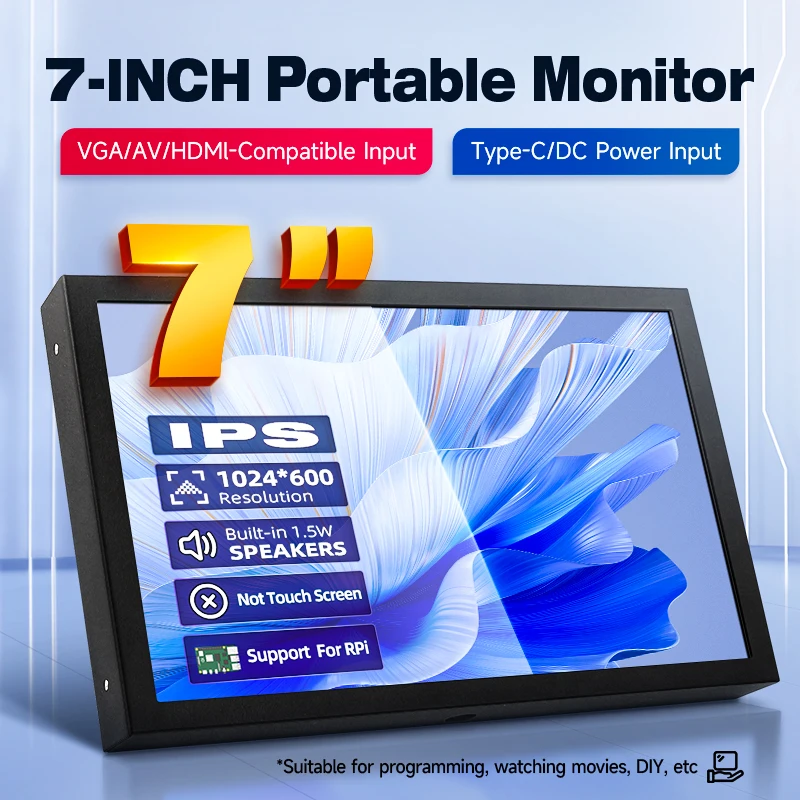 Monitor portátil de 7 pulgadas, pantalla de alimentación 1024x600 IPS, LCD, compatible con HDMI, VGA, ENTRADA AV, DC tipo C, para PC, portátil, cámara, TV Box, DVD