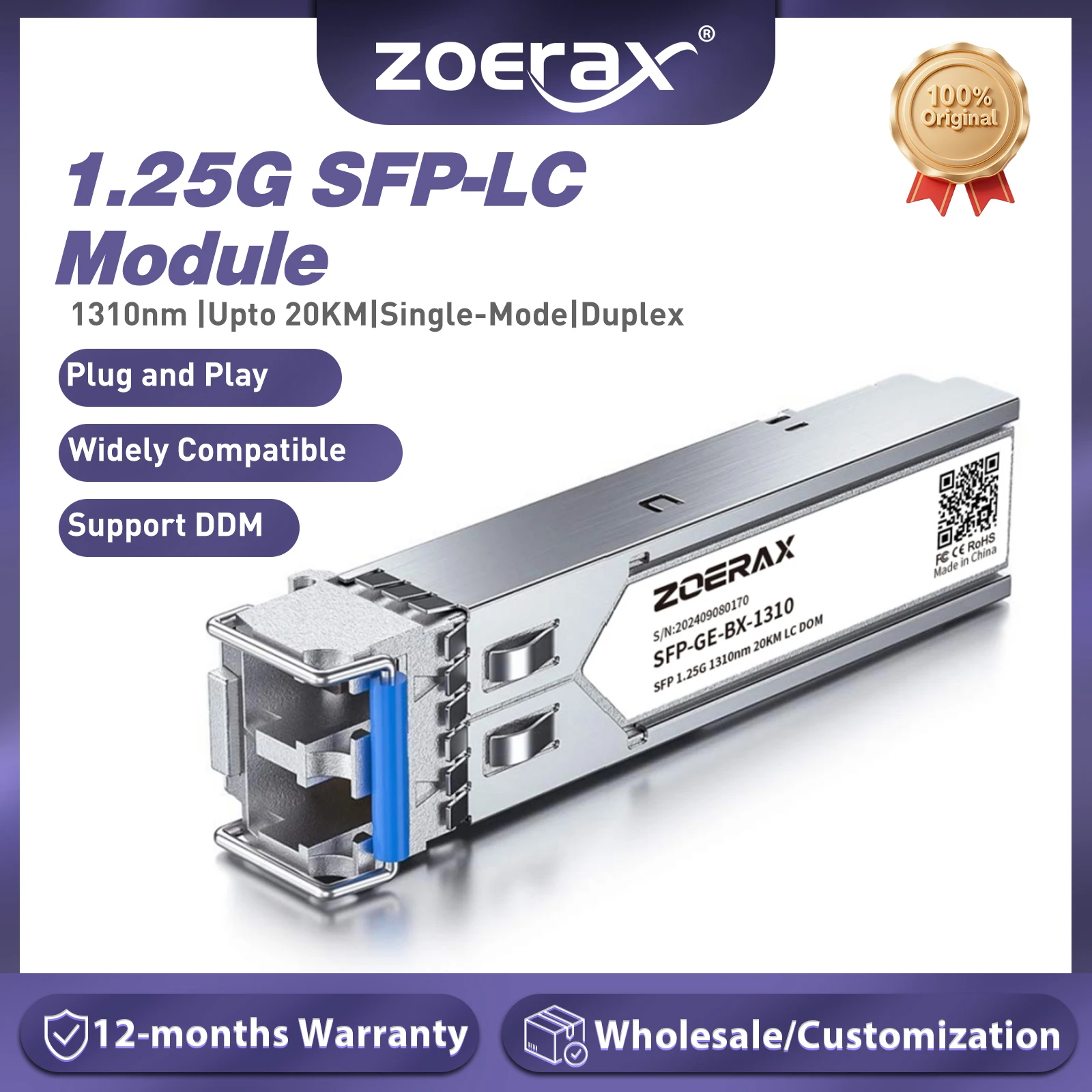 ZoeRax 1,25G LC SFP módulo óptico dúplex monomodo LC Gigabit SFP módulo transceptor de fibra 1000 Base BX 1310nm hasta 20km DDM