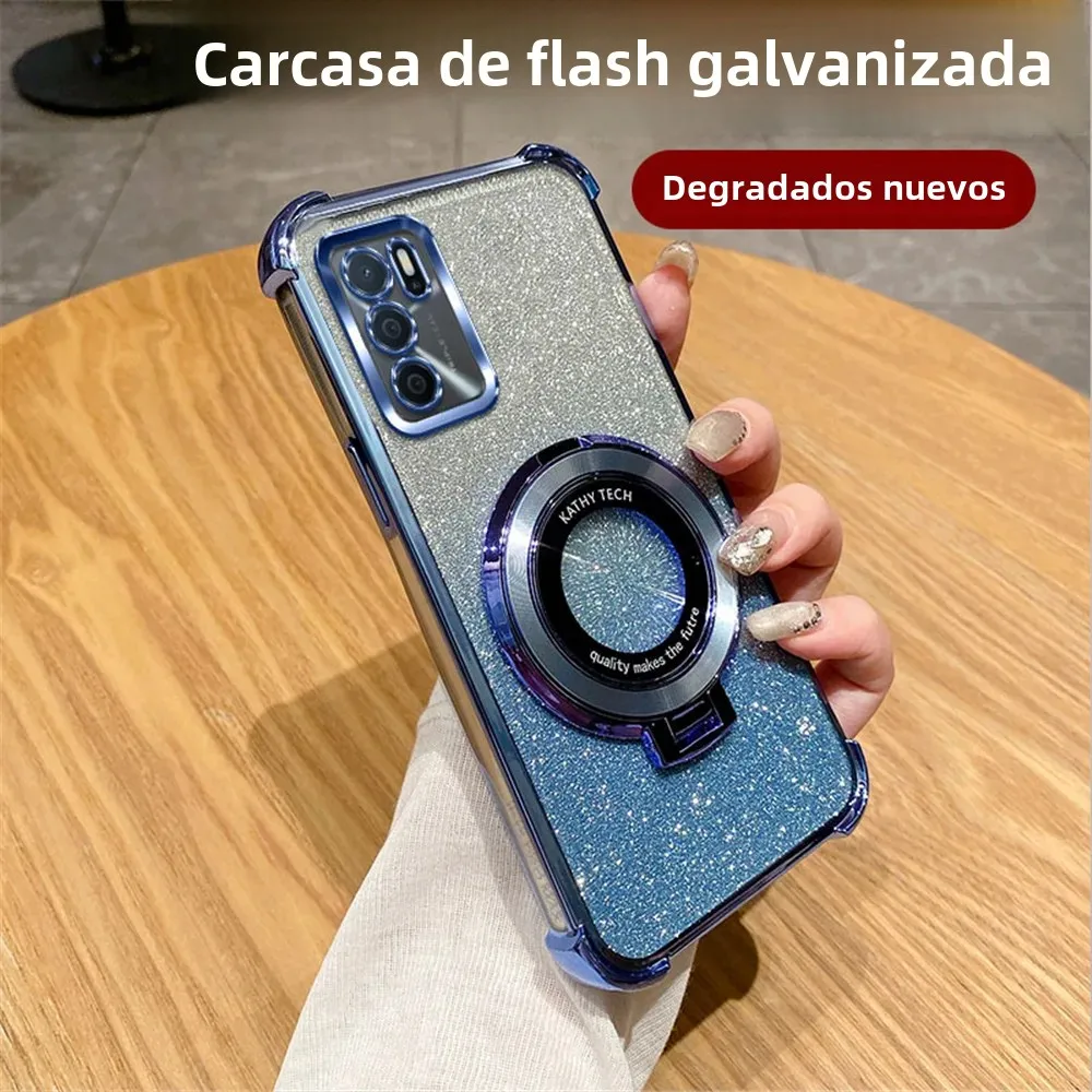 Funda con soporte para teléfono con soporte chapado a prueba de golpes con purpurina para OPPO A16 A16S A17 A15 A53 A36 A76 A5 A9 2020 A54S A53S, funda suave con soporte - imagen 3