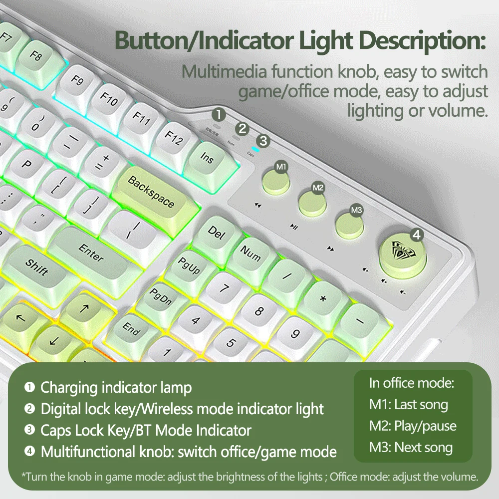 Teclado de membrana AULA F3099, luz retroiluminada RGB de 99 teclas, teclado para juegos de tres modos, sonido de tecla suave, teclado de oficina con botón giratorio - imagen 2