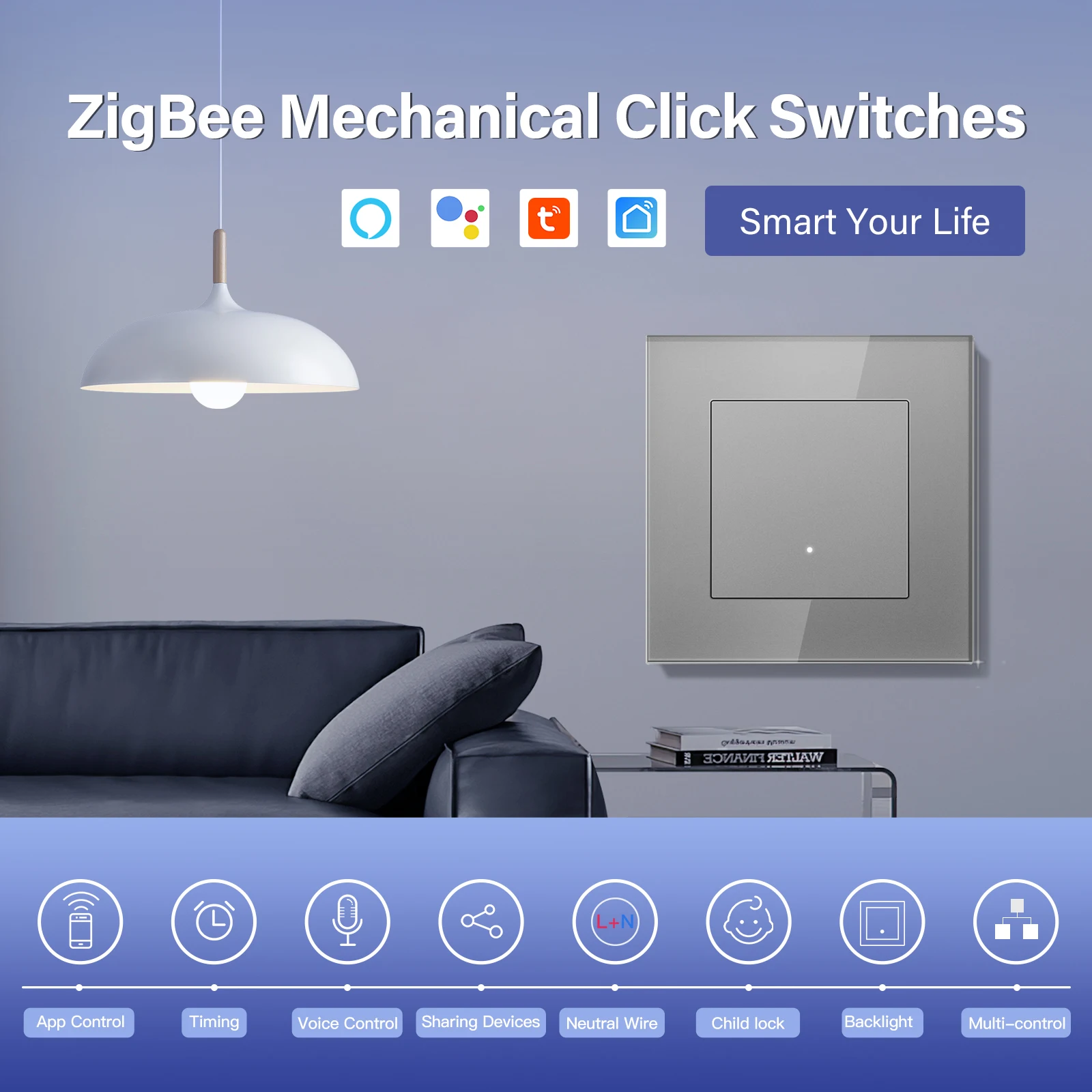 BSEED Zigbee 1/2/3/4 interruptores de botón de clic inteligente Tuya Alice interruptores de luz con enchufes de pared de la UE puertos USB CA paneles de vidrio - imagen 3