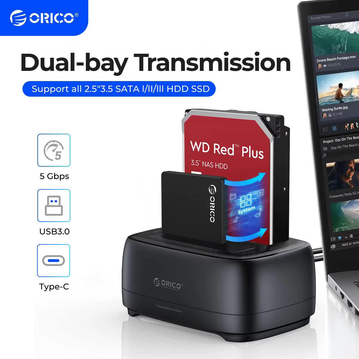 ORICO Docking Station Doble Bahía USB-C 5Gbps para HDD 3,5″